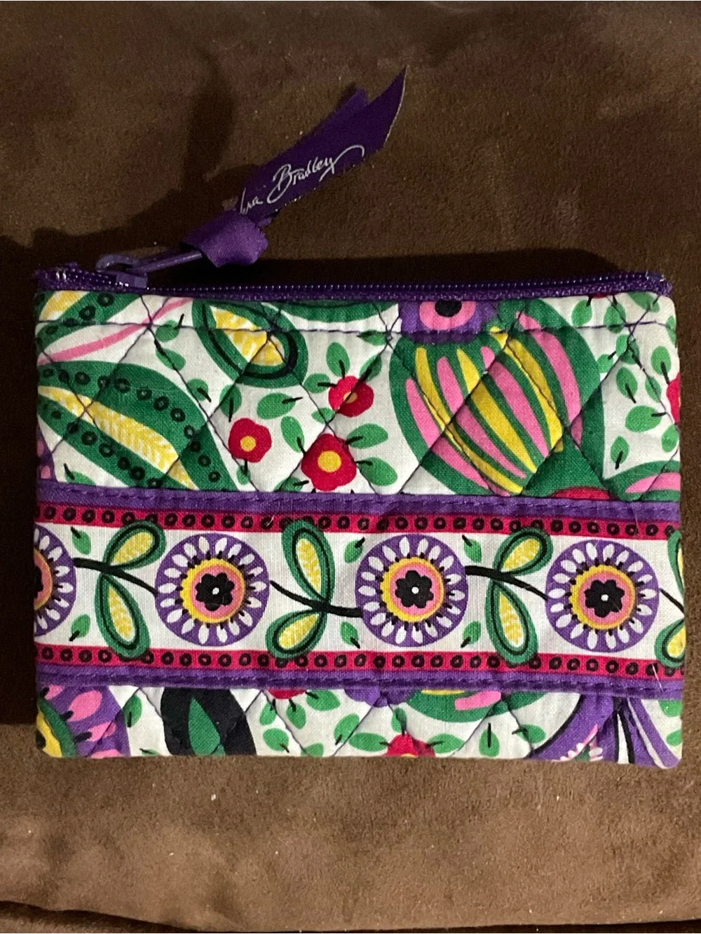 Vera Bradley Purple Floral Quilted Zip Coin Pouch with Multicolor Print